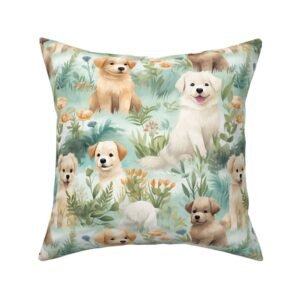 Throw Pillow in Cheerful Golden Retriever Puppy Dreams